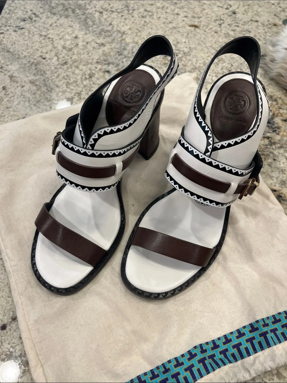 Tory Burch White & Brown Strappy Block Heel Sandals with Black Trim